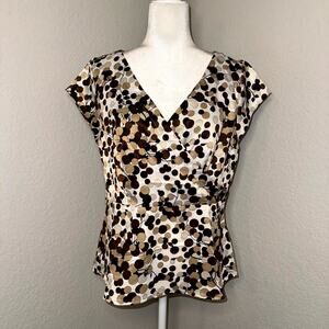 Y2K Cato Surplice Peplum Top Womens Medium Brown Tan Dot Pattern V-Neck Blouse